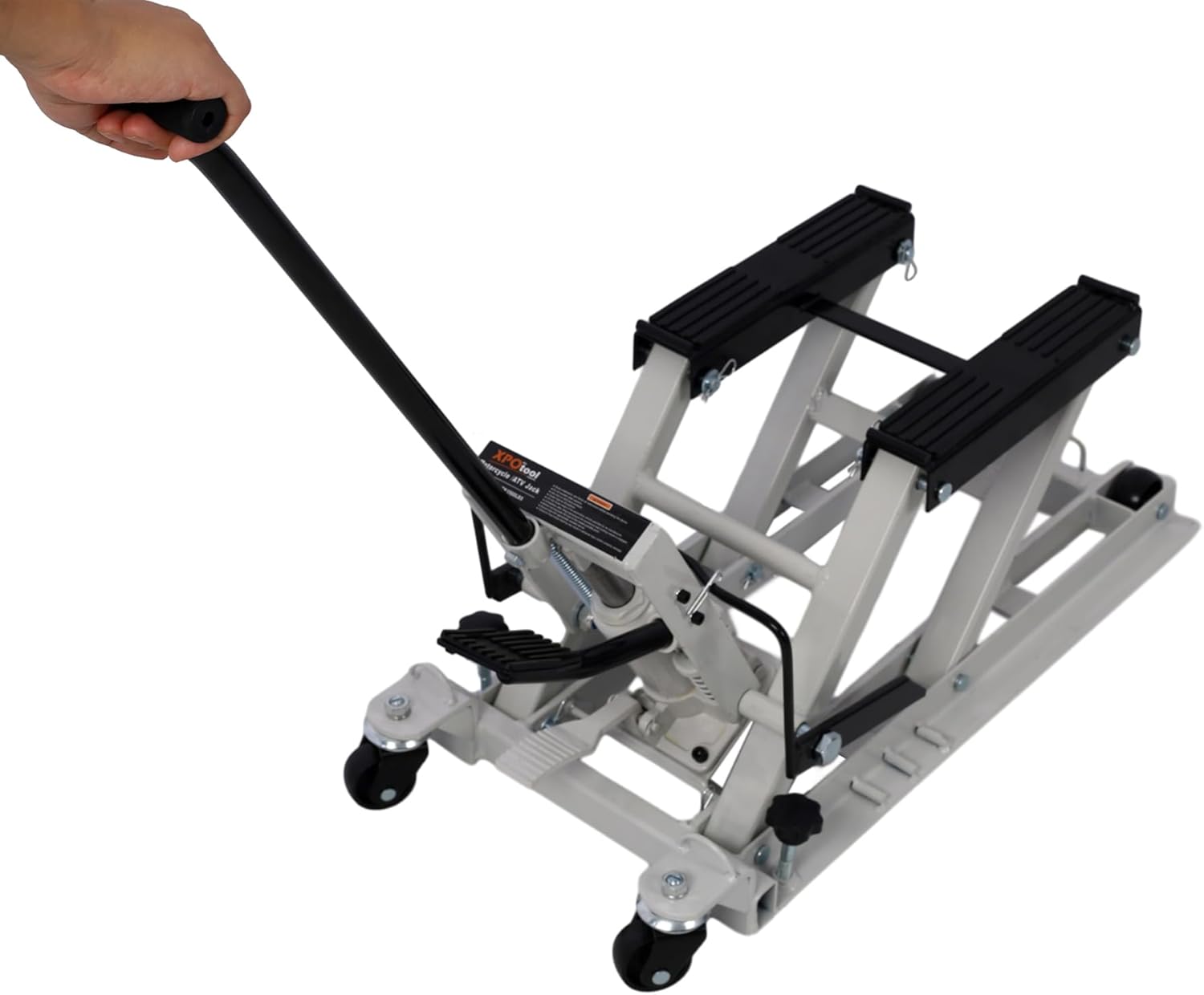 Hydraulic Motorcycle Lift Jack, 1500 LBS Capacity ATV Scissor Lift Jack, Portable Motorcycle Lift Table with 4 Wheels, Hydraulic Foot-Operated Hoist Stand with 2xtie Down Gray