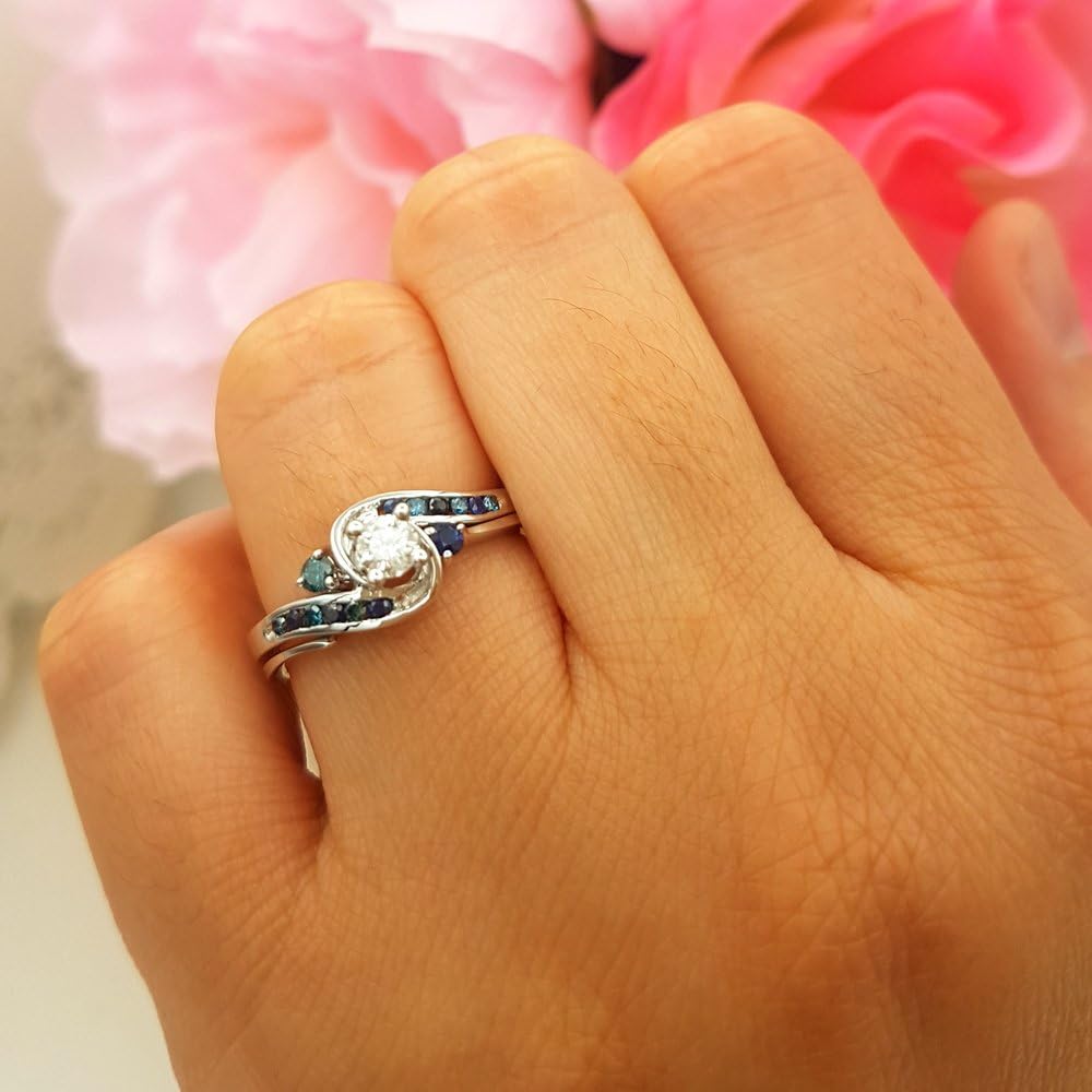 Dazzlingrock Collection 14K Solid Gold Blue & White Diamond & Blue Sapphire Swirl Bridal Engagement Ring Set