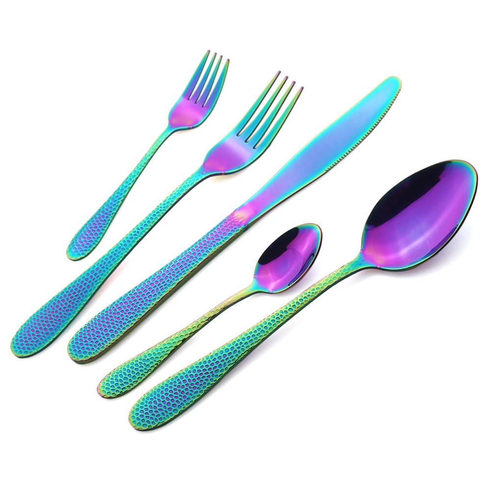 OLSKFUH Cutlery Flatware Cutlery Set, 5/20/30/40/50/60Pcs Blue Stainless Steel Water Ripple Snakeskin Handle Tableware Creative Tableware Tea Spoon Cake Fork,Rainbow-8Set
