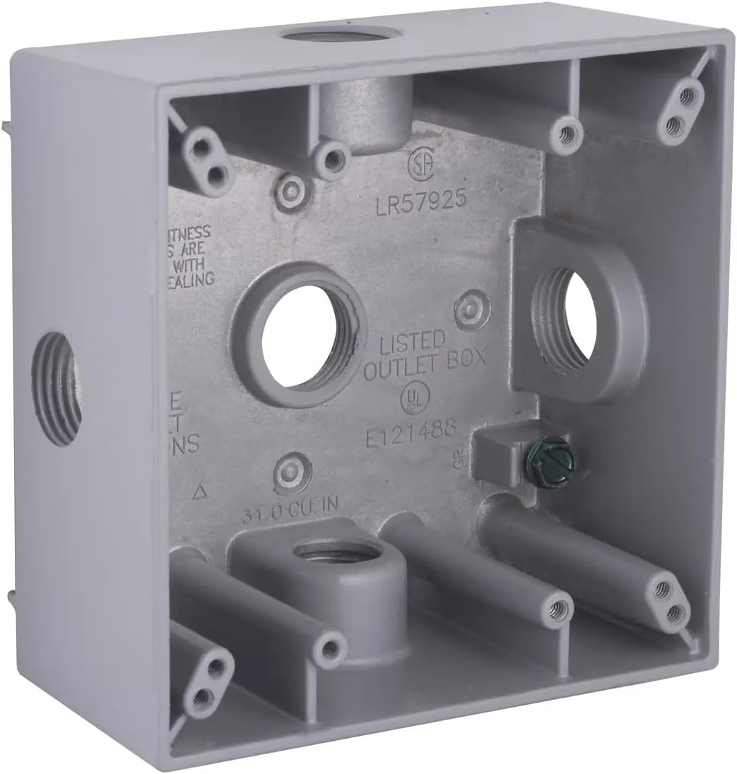 2-Gang Weatherproof Box, Five 1/2 in. Threaded Outlets, Gray