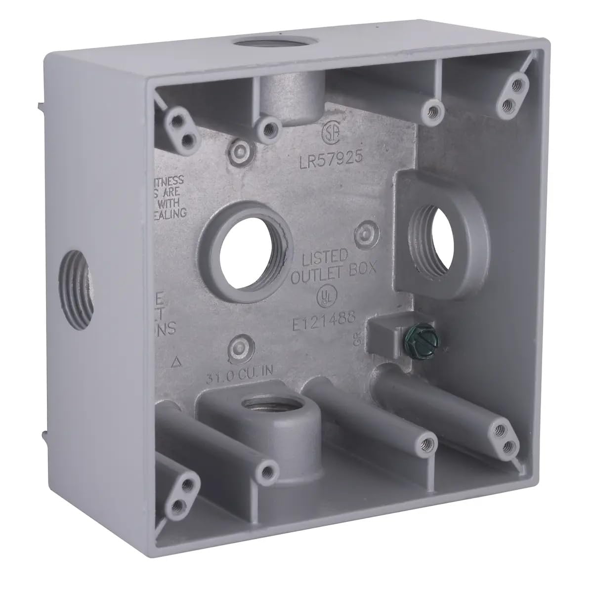 2-Gang Weatherproof Box, Five 1/2 in. Threaded Outlets, Gray