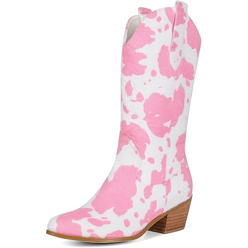 Cozivwaiy Women Mid Calf Cowboy Boots Chunky Heel Half Boots Cow Print Western Boots Plus size (US 4-12.5)