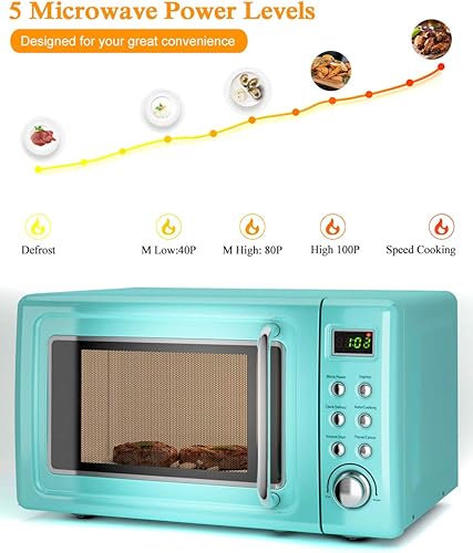 Miniatura 5 de Horno microondas retro, Safeplus de 0.7 pies cúbicos, microondas de 700 W con placa de acero laminado en frío, 5 micro descongelación y función de