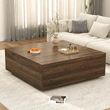 47 Inch Large Square Coffee Table with Storage,Modern Wooden Coffee Tables with 2 Drawers Storage for Living Room,Mid Century Tea Table/Aesthetic Coffee Table Center Table for Home Office(Walnut)