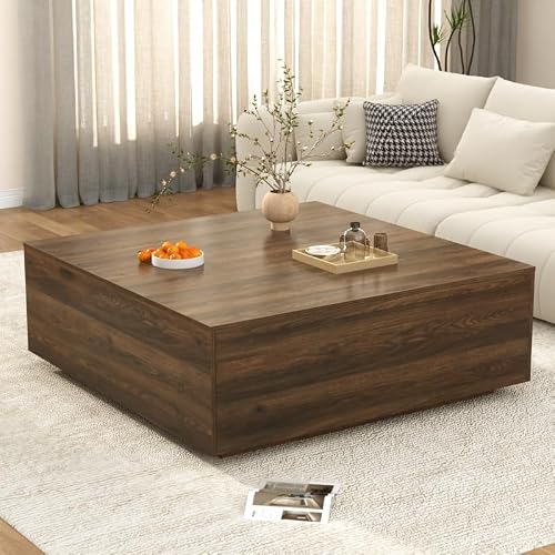 47 Inch Large Square Coffee Table with Storage,Modern Wooden Coffee Tables with 2 Drawers Storage for Living Room,Mid Century Tea Table/Aesthetic Coffee Table Center Table for Home Office(Walnut)