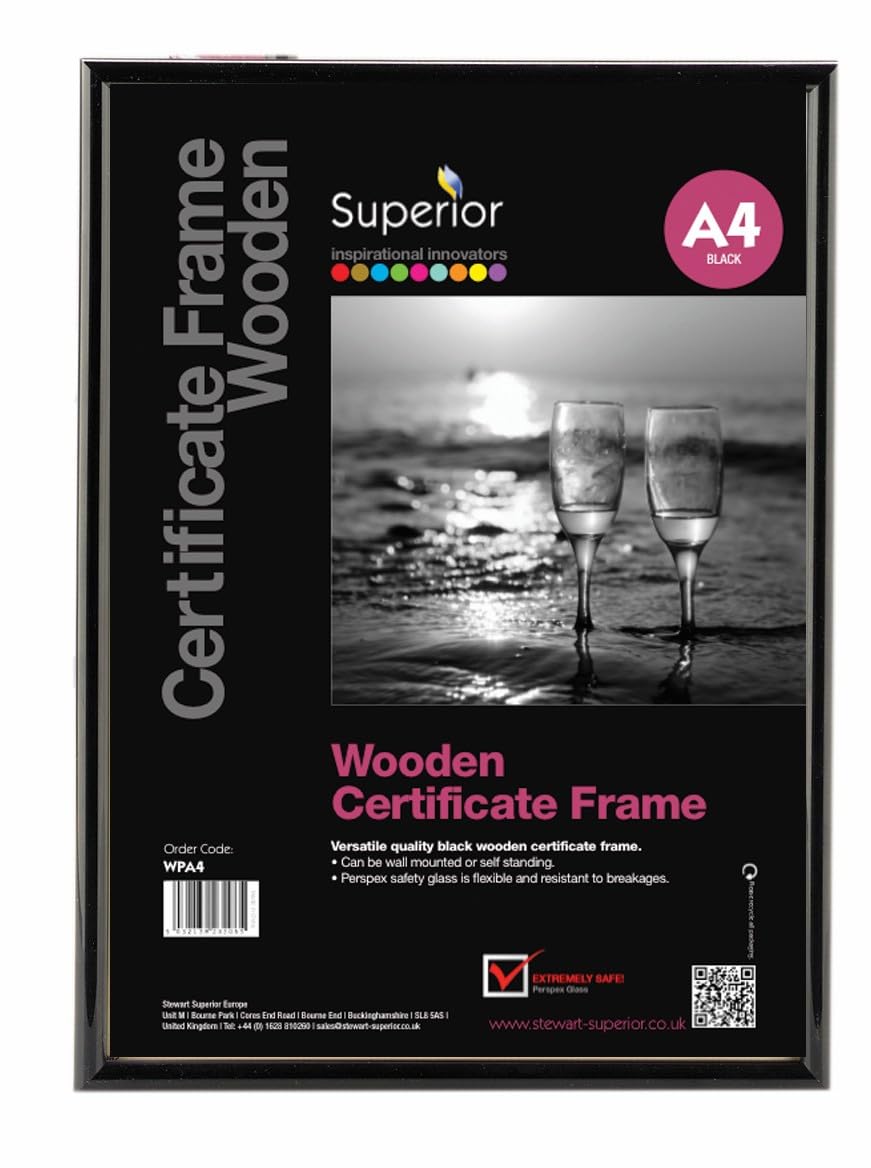 Stewart Superior A4 Wooden Certificate Frame with Perspex Safety Glass - Black