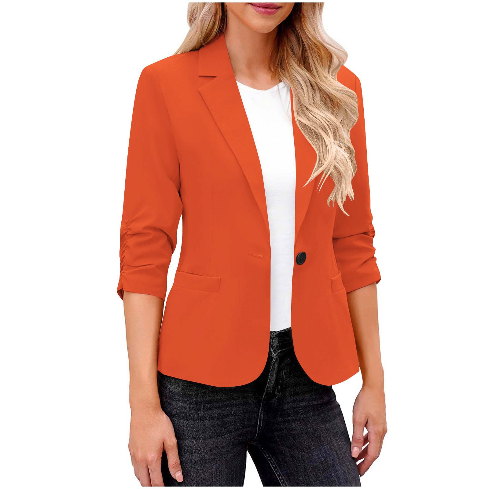 Dyhxuan Women's Orange Blazer Elegant 3/4 Sleeve Blazer Jacket Casual Sporty Lapel Collar Suit Front Open Suit Jacket Trench Coat Business Jacket For Office, Xl