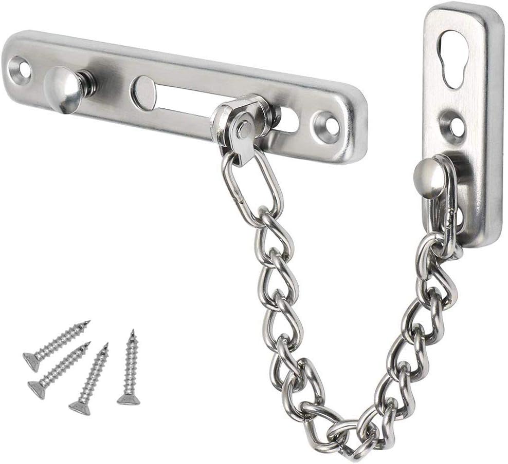 HLOMVE Sliding Chain Door Guard Lock with Security Spring Anti-Theft Press Button, Heavy Duty Childproof Front Door Chain Latch Lock, Stainless Steel Brushed Nickel