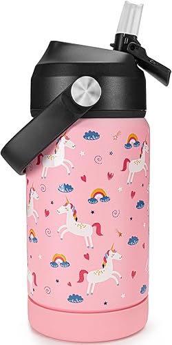 Charcy Botella de agua aislada de 12 onzas con pajilla, botella de agua deportiva con boca ancha, taza térmica de viaje a prueba de fugas, unicornio