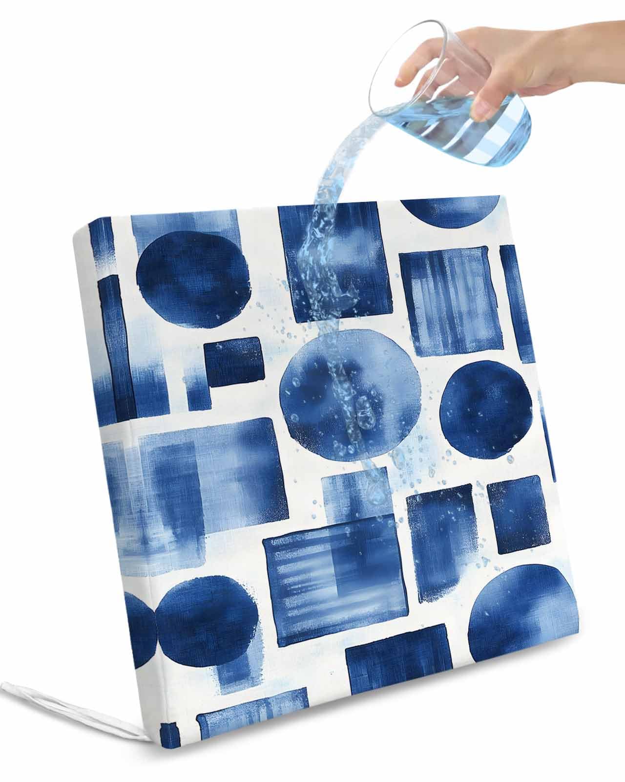 2 Pack Blue White Waterproof Cushion Covers with Ties, Outdoor Patio Chaise Lounge Chair Seat Cushion Slip Covers Replacement(Only Cover) Abstract Geometric Middle Century Art 22