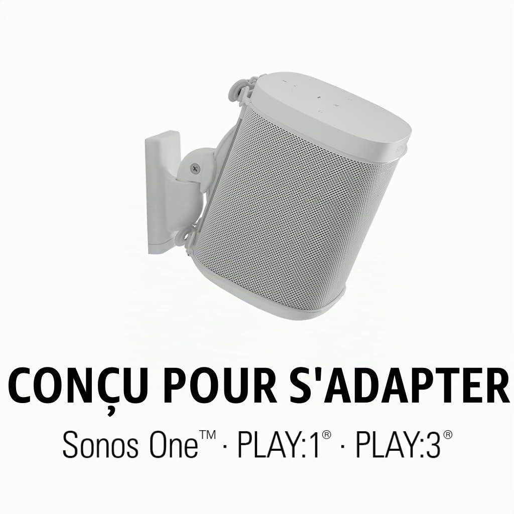 Sanus Support d'enceinte murale réglable pour Sonos Play : 1 & Play: 3- Inclinable et orientable pour un meilleur son - Lot de 2 - Blanc