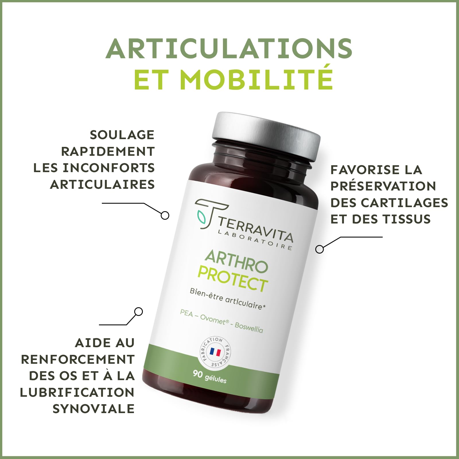Arthro Protect | Formule Articulation avec PEA + Ovomet (Glucosamine, Chondroïtine, Collagène, MSM) + Boswellia | Soulage et Protège les Articulations | 90 Gélules Vegan | Made in France | Terravita