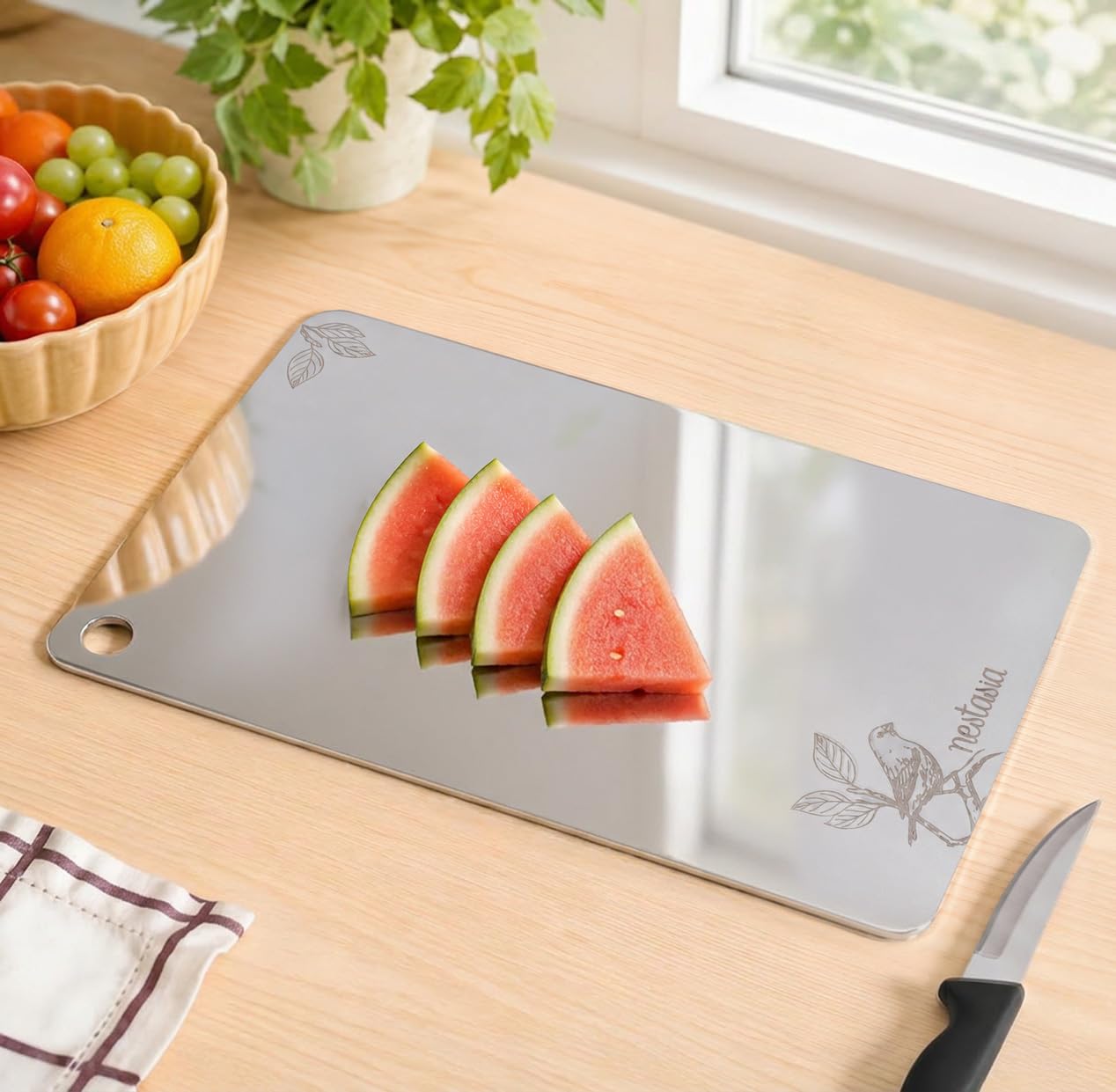 Nestasia Stainless Steel Chopping Board for Kitchen (35cm x 25cm) - Bird Motif Engraved Steel Cutting Board for Chopping Fruits & Vegetables | Anti-Skid, 100% Food Safe & Rust Resistant