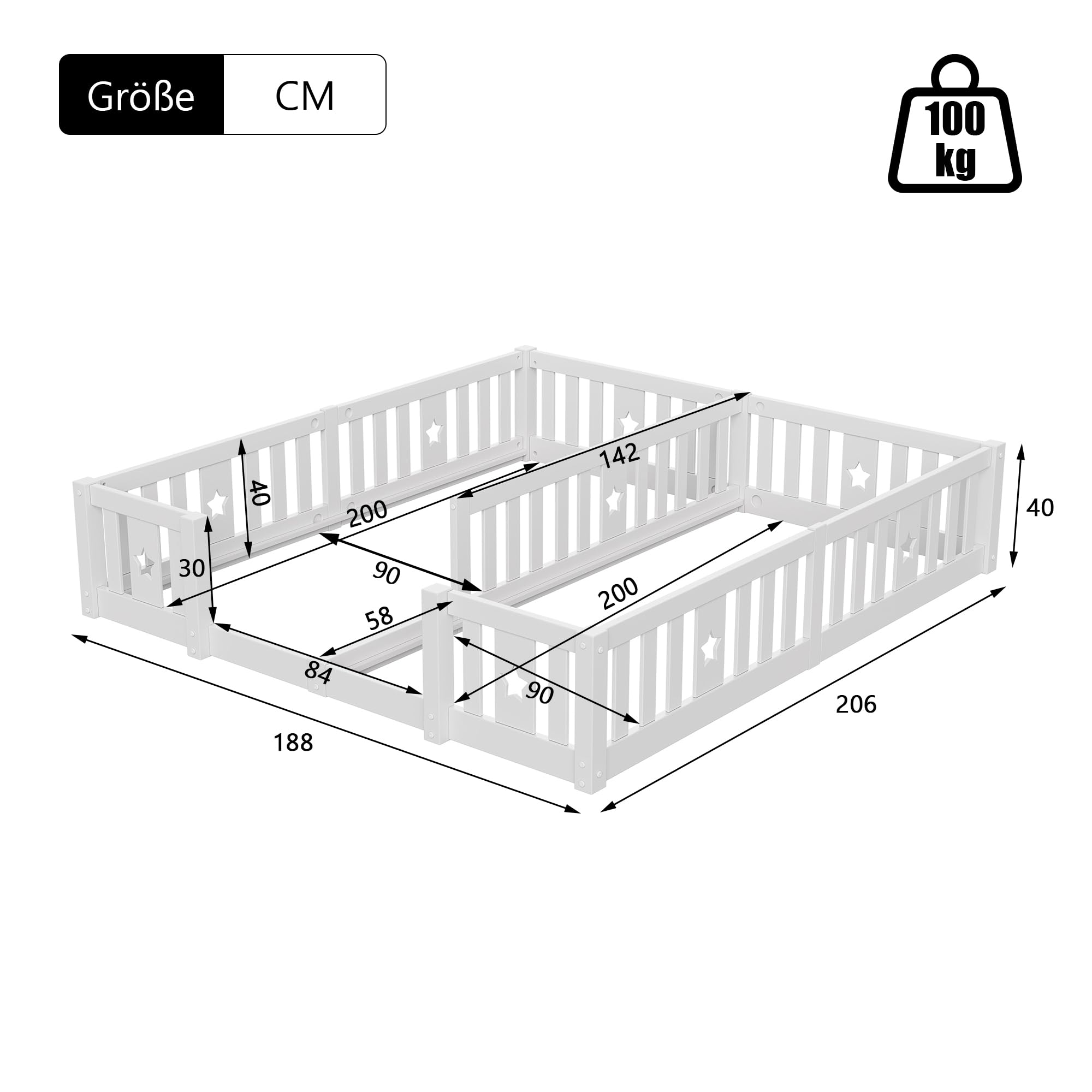 Montessori Cama infantil doble 2 x (90 x 200 cm), marco de madera con barrera de seguridad para 2 niños, color blanco y sin somier de láminas)