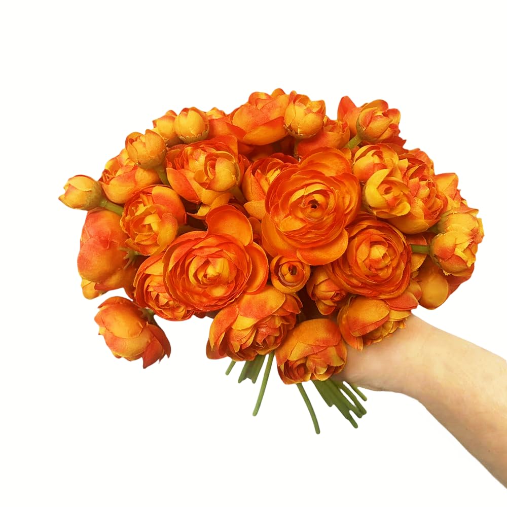 DODXIAOBEUL 18pcs Mini Ranunculus Artificial Flower 11 inch Silk Ranunculus Flower Bouquet Bridal Shower Filler Flowers for Home Centerpieces Arrangements Wedding Engagement Decorations,Orange