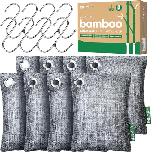 Activated Charcoal Odor Absorber 8 Pack w Hooks Nature Odor Eliminator for Strong Odor Bamboo Charcoal Air Purifying Bags Moisture Absorbers for Fresh Home Car Closet Pet Smoke Smell Deodorizer