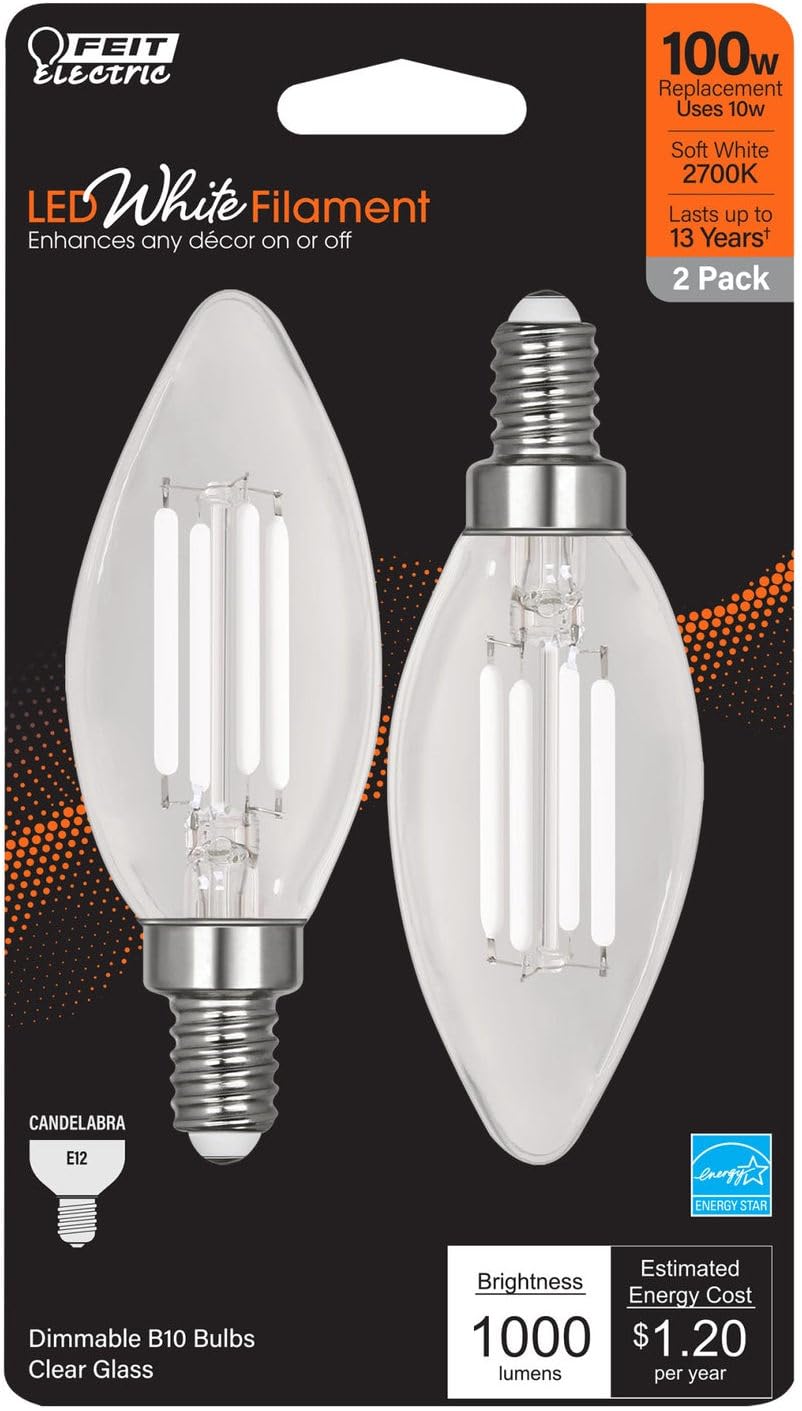 Feit Electric BPCTC100927CAWFIL/2 Soft White Torpedo-Tip Exposed White Filament LED Bulb, 2 Bulbs per Pack; 10W; 100W Equivalent; E12 Base; 2700; 90 CRI; 1000 Lumen; Glass Lens; 15000 Life Hours