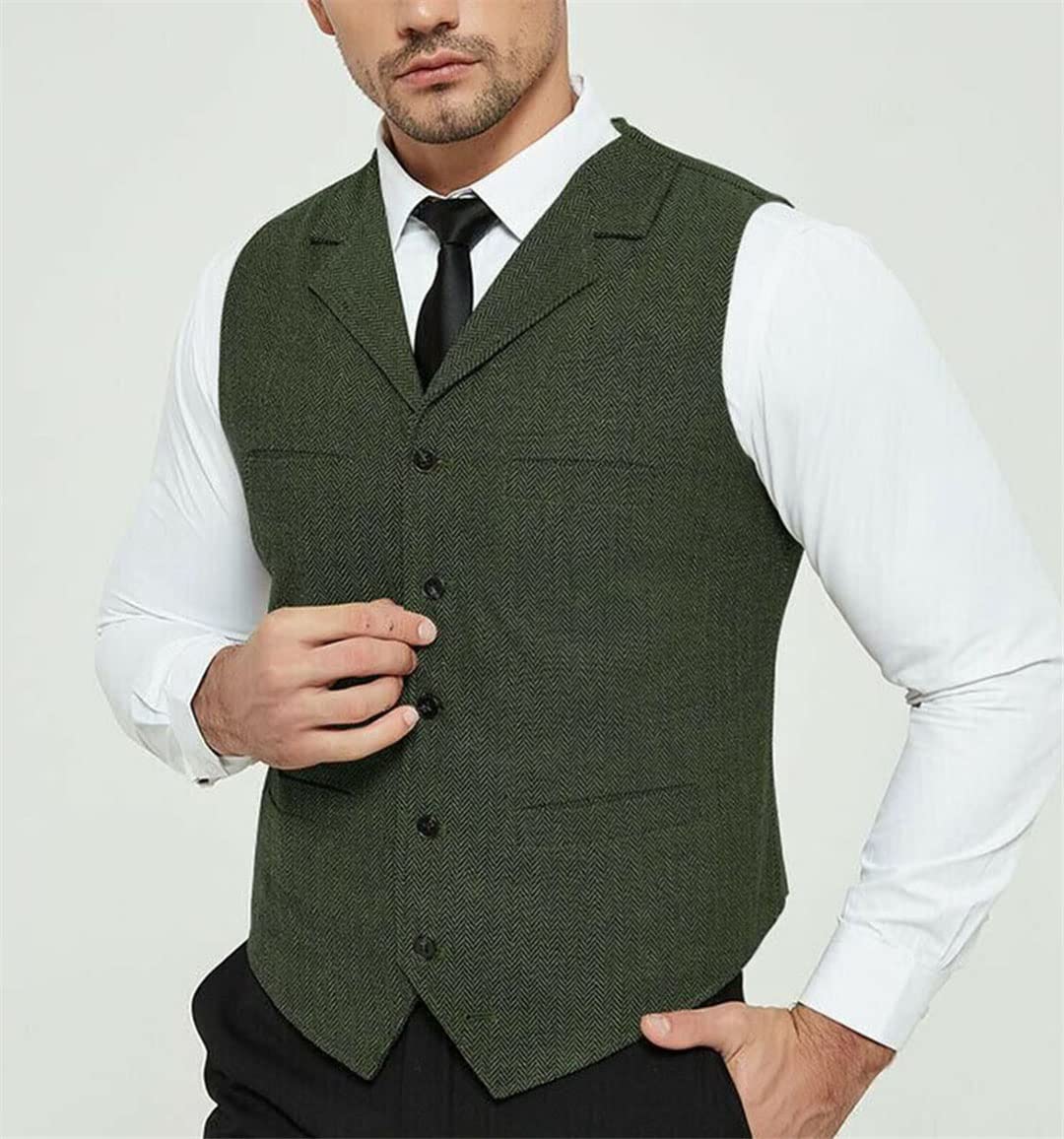 Vogrtcc Gilet da uomo da sposa in lana tweed colletto su misura retrò gilet business gilet