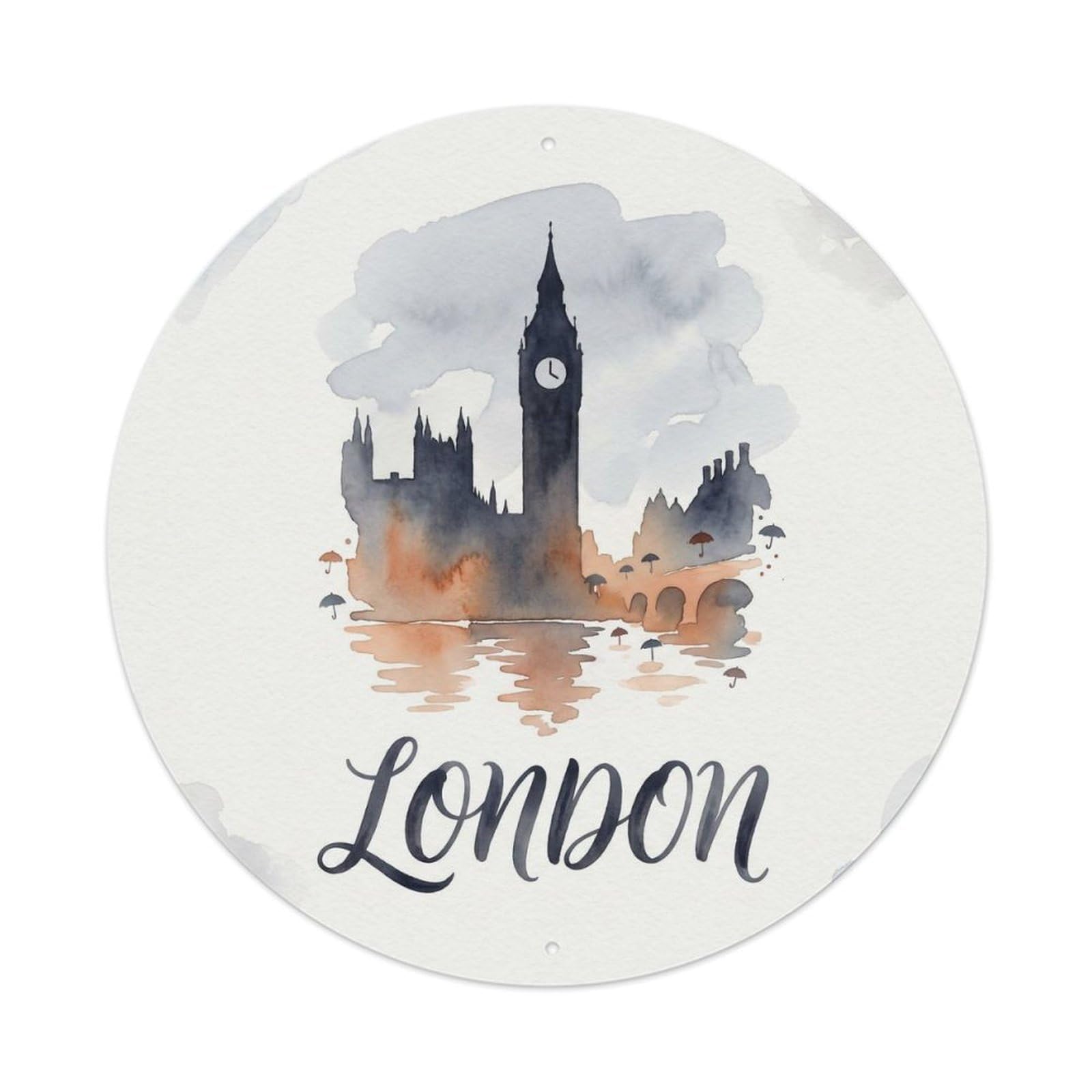 London Watercolor Vintage Travel Skyline Cityscape Landmark Metal Tin Sign Plaque Wall Decor for Cafe, Man Cave, Club Bar, Office, Home Garden Round Metal Poster 8x8Inch