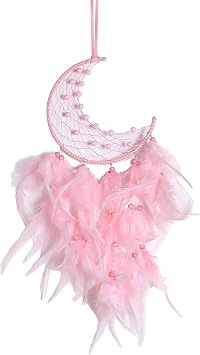 Moon Dream Catcher for Bedroom Wall, Witchy Feather Dreamcatcher Handmade Home Decor, Gift for Women Girls Teenage Kids, Romantic Room Decorations and Hanging Accessories Pink
