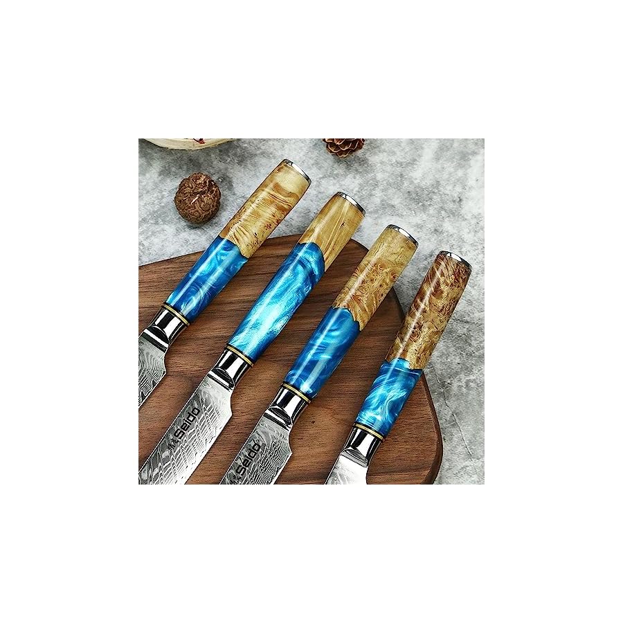 Seido Knives Executive Straight Edge Steak Knives - Japanese VG10 Damascus Steel, Effortless Meat Slicing, Full Tang Resin Blue Wood Handle