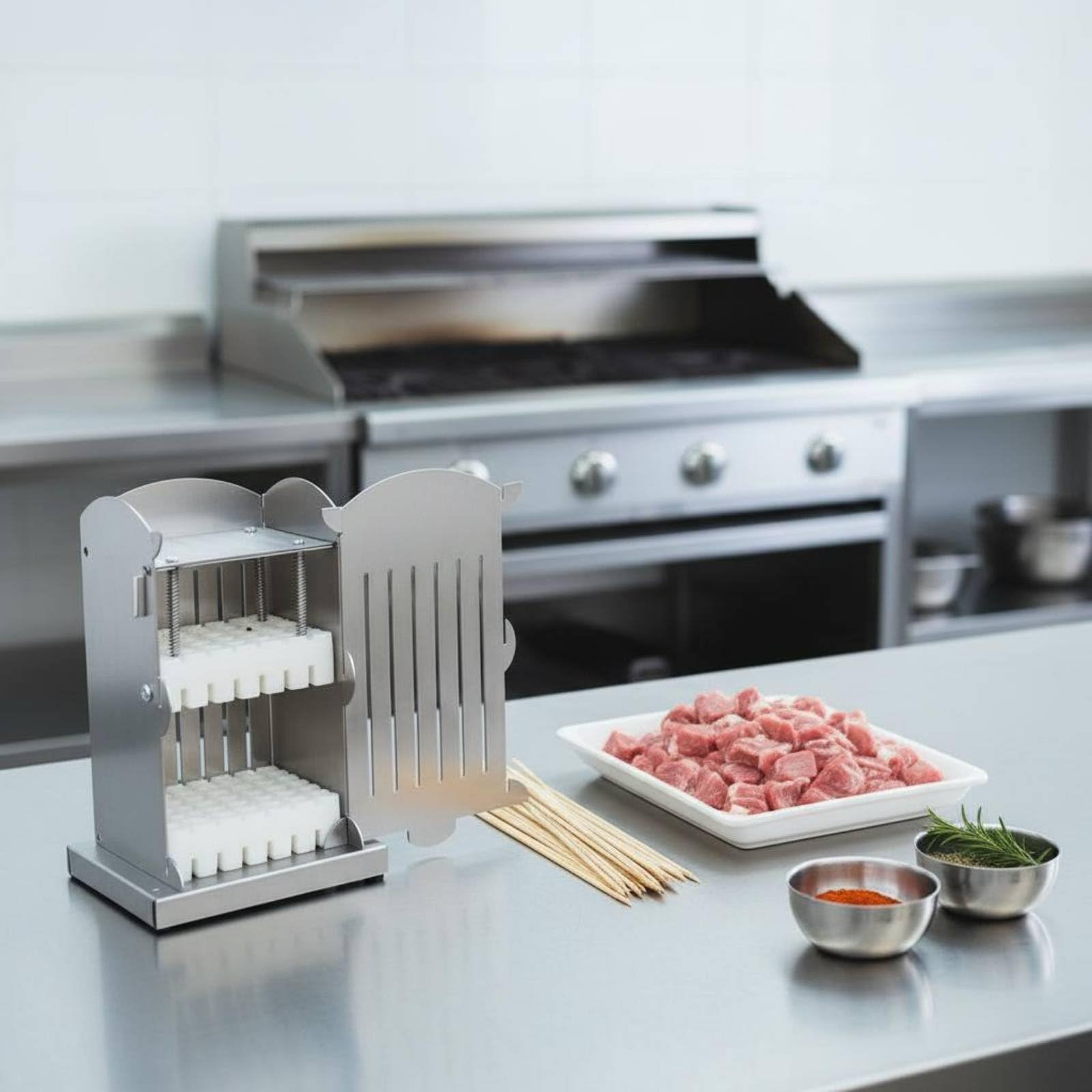 Spiedini Creatore Utensile Spiedini Barbecue Macchina Kebab Acciaio Inox Ergonomico Struttura Compatta Facile da Lavare Adatto per Feste All’aperto Famiglia, 49 Spiedini 1,5CM