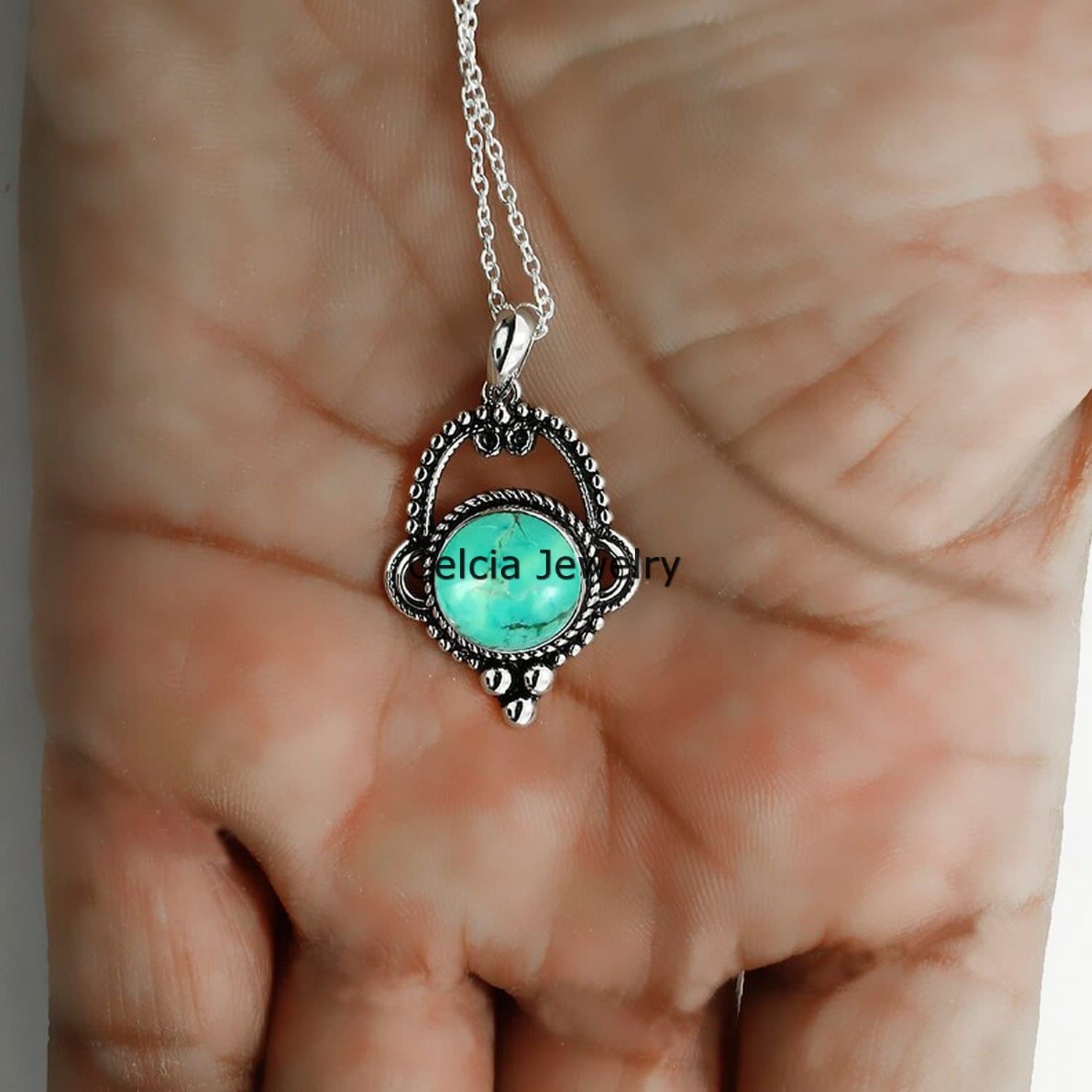 Collana in argento sterling massiccio 925 per donna, pietra preziosa blu turchese rotonda genuina, regalo unico fatto a mano con pietra natale di dicembre per lei