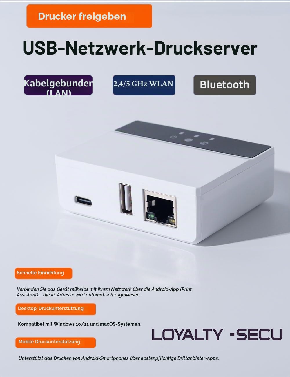 LOYALTY-SECU WiFi & Bluetooth Print Server für USB-Drucker drahtlos