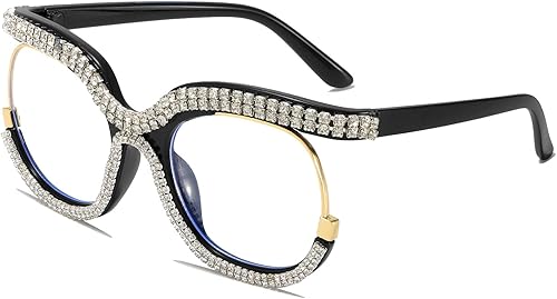 LJCZKA Gafas de bloqueo de luz azul de gran tamaño para mujer, con diamantes de imitación, anti luz azul, lentes de diamante antifatiga ocular