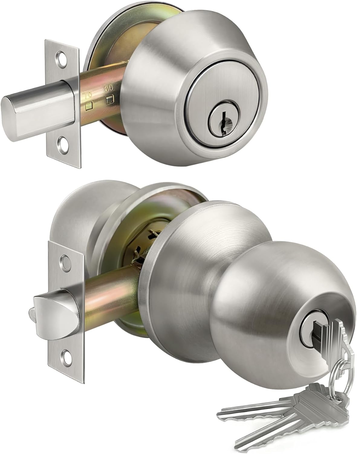 BESTTEN Keyed Same Exterior Door Knob and Single Cylinder Deadbolt Combo Set, Keyed Alike Entry Door Knobs with Lock and Keys for Entrance and Front Door, Satin Nickel 1 PK Deadbolt Lockset Satin Nickel