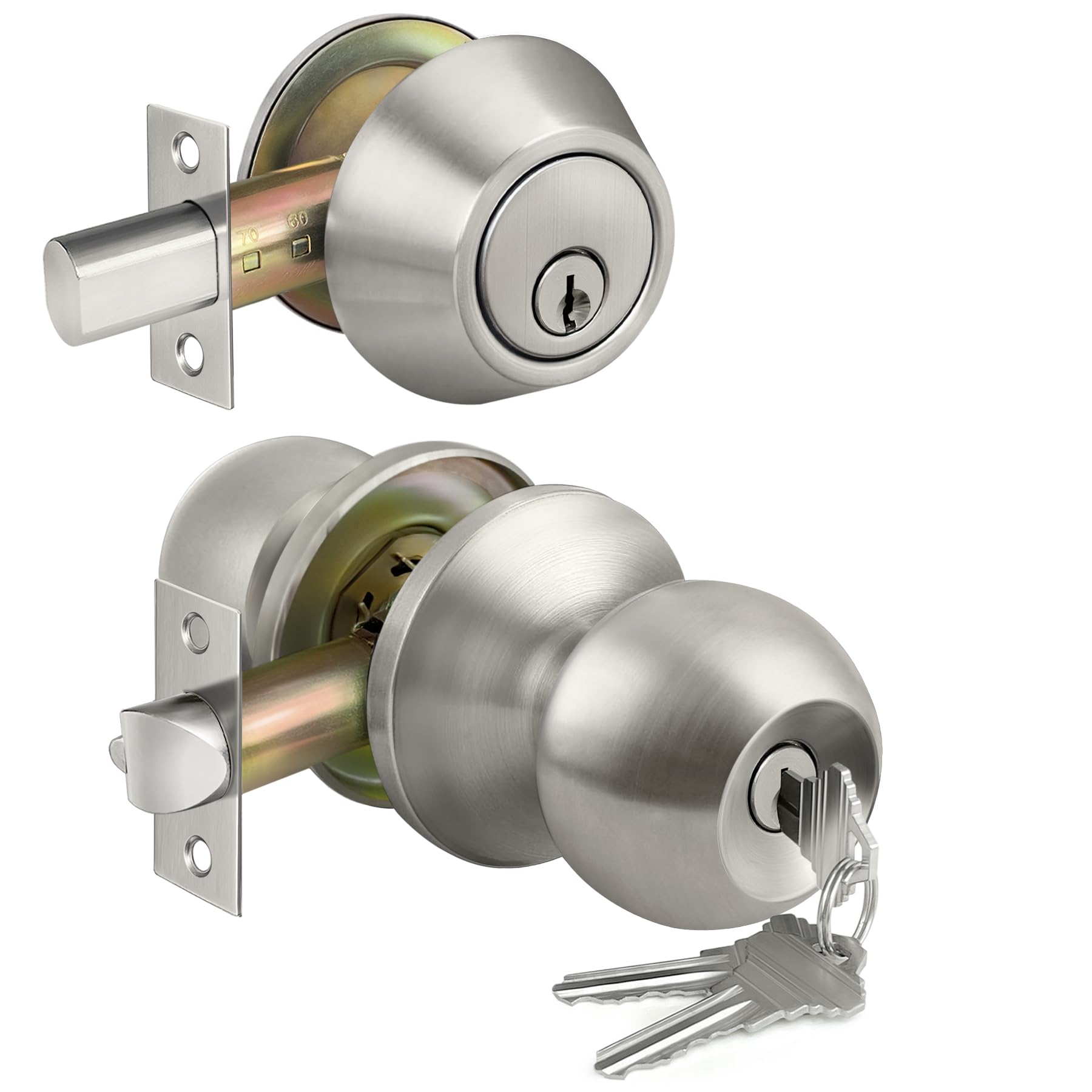 Photo 1 of BESTTEN Keyed Same Exterior Door Knob and Single Cylinder Deadbolt Combo Set, Keyed Alike Entry Door Knobs with Lock and Keys for Entrance and Front Door, Satin Nickel