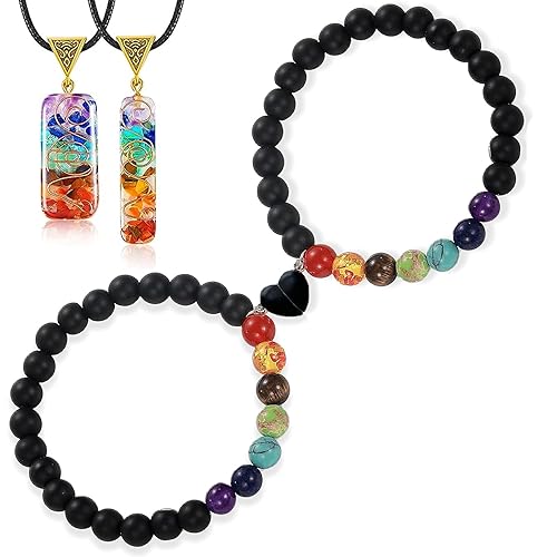 Magnetic Heart Love Couples Bracelets, 7 Chakra Bracelet Set, Long Distance Touch Bracelets for Couples, Friends, Chakra Necklaces for BF and GF