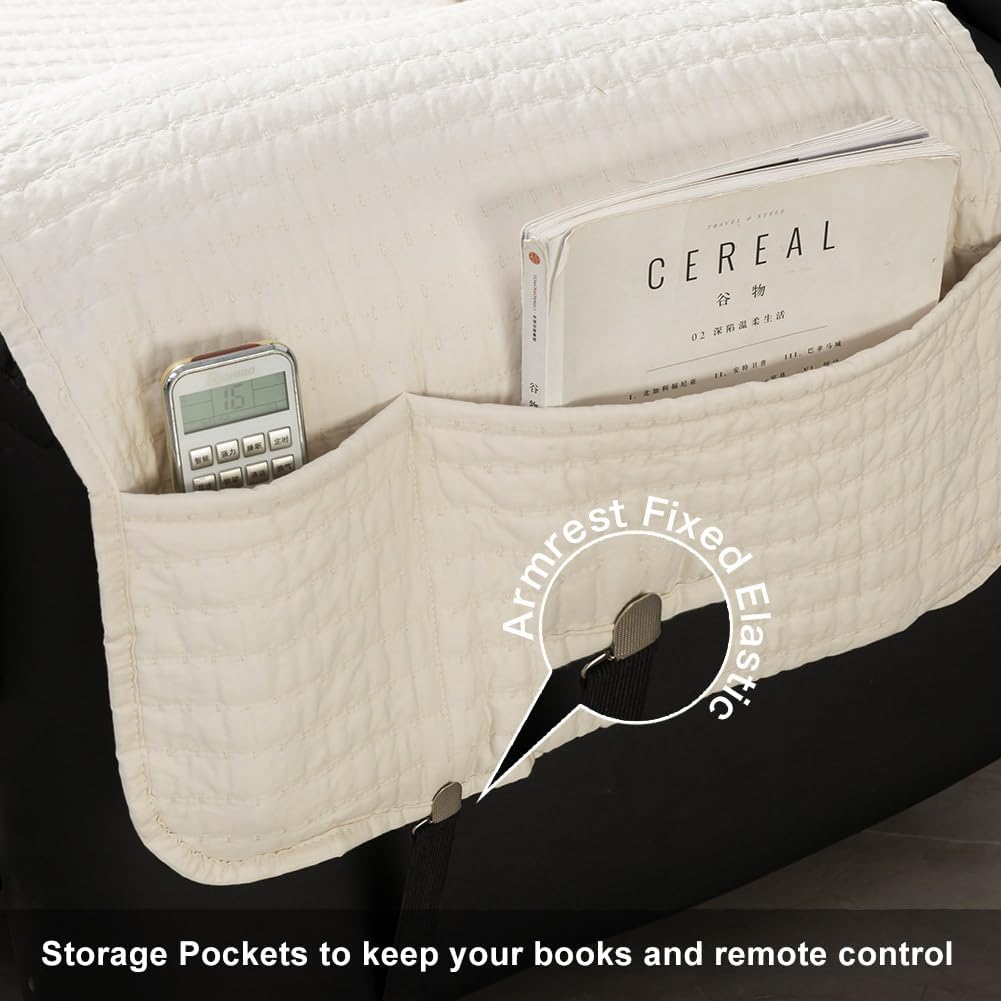 STONECREST Non Slip Recliner Chair Cover - Cotton Pre-Washed Recliner Cover, Embroidery Cross Dot Pattern Recliner Slipcover Stay in Place (Cream, Recliner 23" Regular)