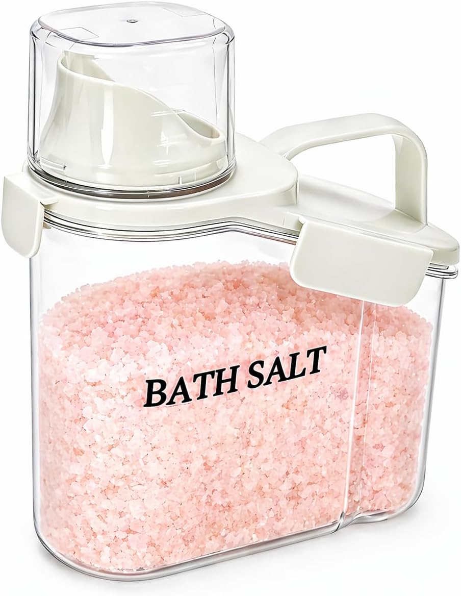 Airtight Bath Salt Container, 54oz Clear Plastic Jar with Funnel-Pour Lid & Handle & Measuring Cup, BPA-Free Bathroom Storage Canister for Salts, Bombs, Epsom Salt