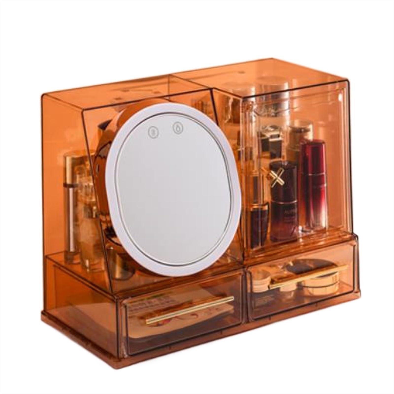 ZYYANSHOP Makeup Organizer with LED Mirror and Fan, Large Capacity Cosmetic Storage Display Case, Waterproof and Dustproof Skincare for Bathroom and Vanity Dresser Cosmetic Storage Box(Orange)