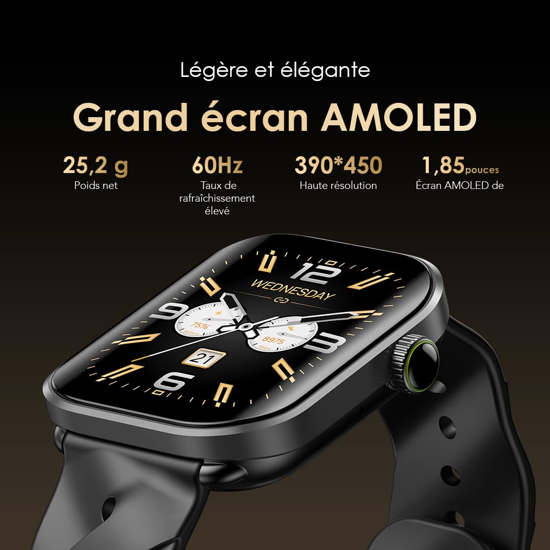 Oraimo Montre Connectée Écran AMOLED 60Hz 1,85" Appel Bluetooth HD Smartwatch Homme Femme Sport 143 Modes Étanche IP68 Autonomie 14 Jours Cardio SpO2 Podomètre Notifications SMS Message Android iOS