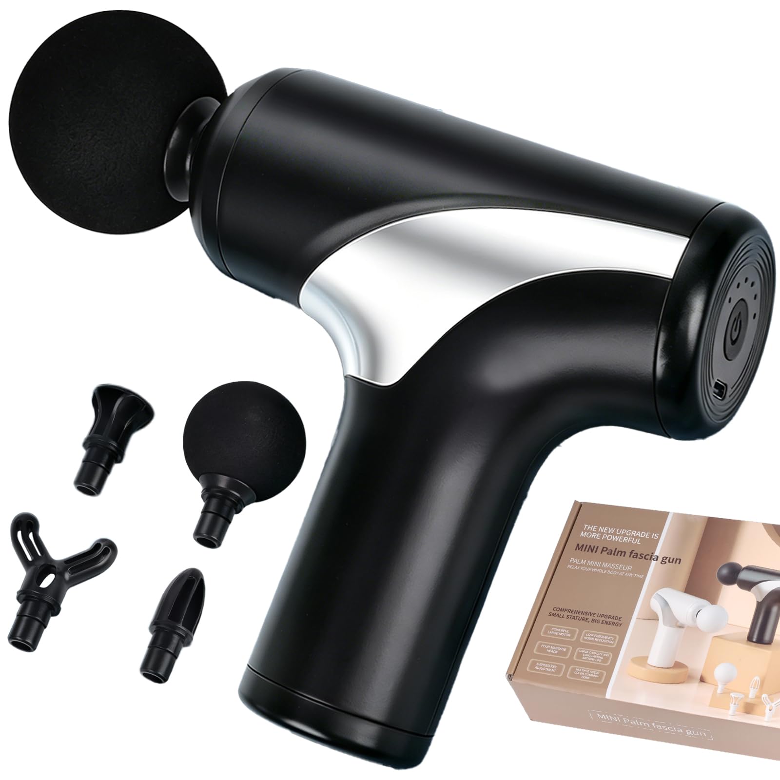 Mini pistolet do masażu, pistolet do masażu z 6 regulowanymi stopniami i 4 wymiennymi głowicami, urządzenie do masażu do biura, fitnessu, podróży, 3200 obr./min, cichy poniżej 45 dB, USB-C, 400 g
