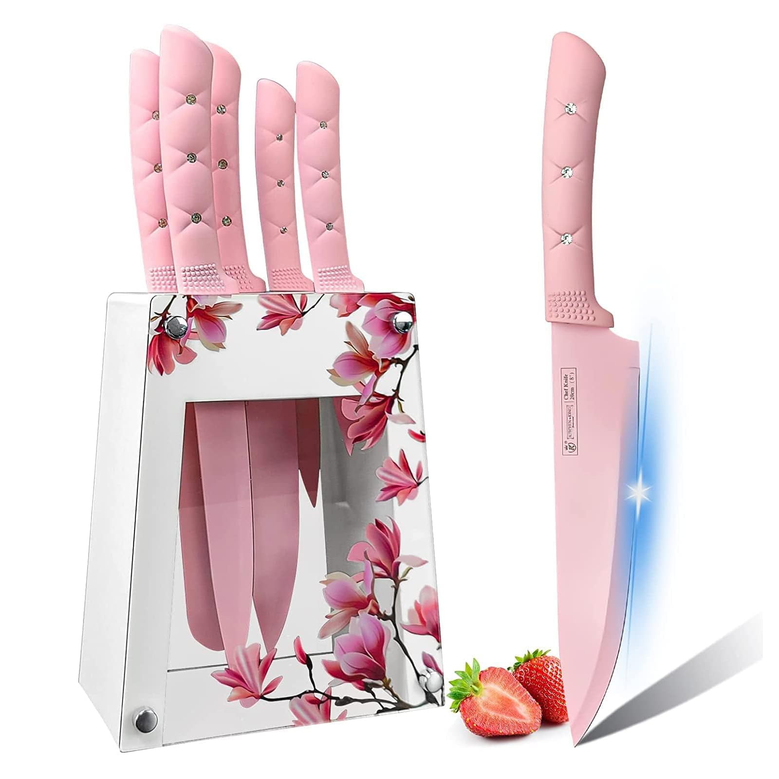 Justup Set di coltelli da cucina, 6 pezzi, Set di coltelli da cucina in acciaio inossidabile, Bianco, Rosa, Antiaderenti, con supporto acrilico
