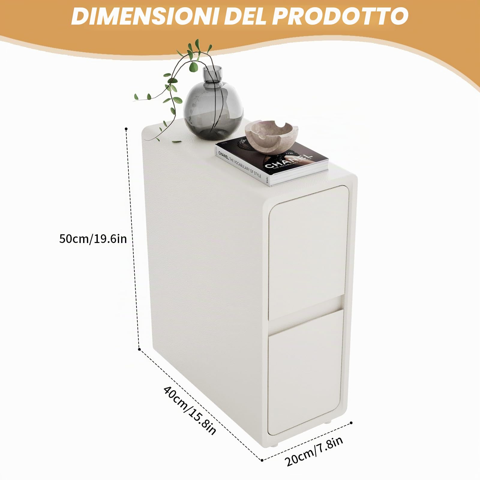 Comodino sottile, sottile, comodino moderno in pelle con 2 cassetti in legno massiccio, piccolo tavolino per camera da letto, soggiorno, 50 x 40 x 25 cm (bianco caldo)