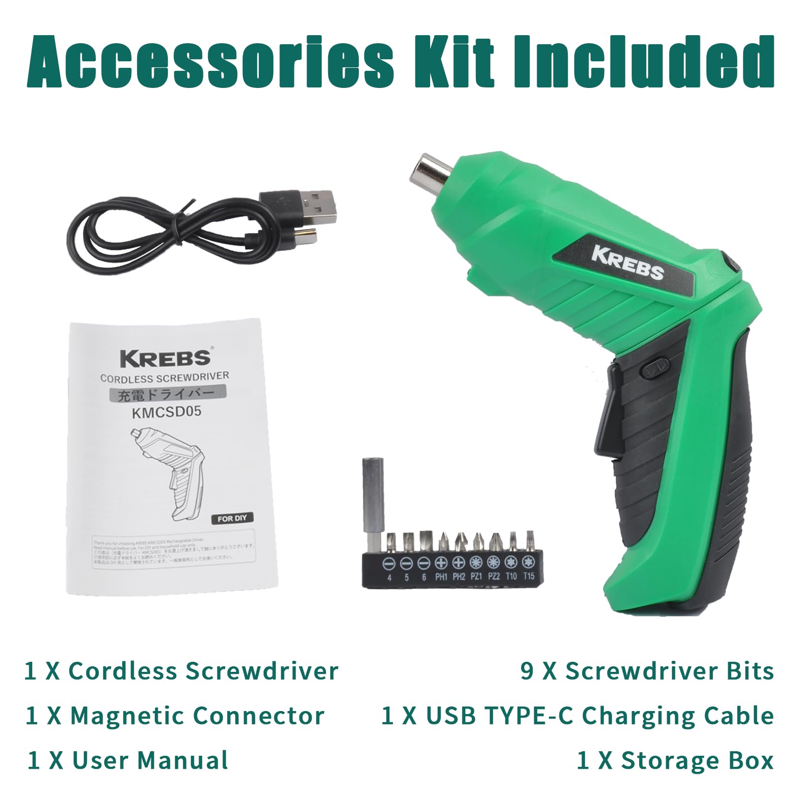 KREBS Destornillador eléctrico de 3,6 V recargable 3N.M Torque de 0,6 cm