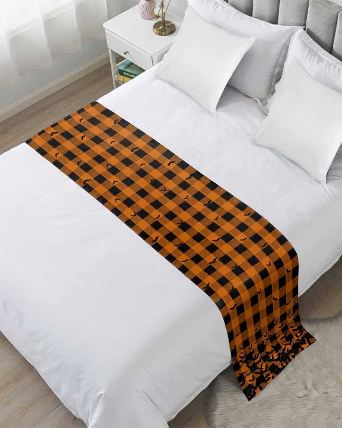Halloween Bed Runner Scarf Halloween Horror Bats on Buffalo Plaid Orange Black Bedding Scarf Decorative Bed Runners Cover for Home Bedroom Hotel Wedding Room Bed Scarf for Foot of Bed King 102x20in