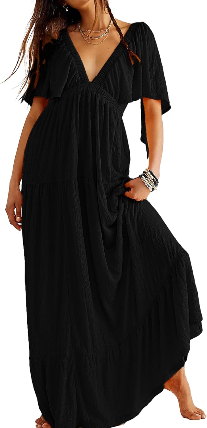 Kikibell Women Summer Dresses Sexy V-Neck Maxi Dress Tiered Silhouette with Flutter Sleeve Backless Elastic Waist Flowy Dress - Image 2