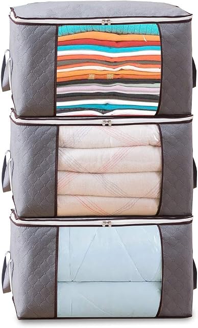 HINMAY Foldable Storage Bag Organizers, Waterproof Anti-Mold Moisture Proof Clothes Storage Bags with Clear Window Carry Handles for Blanket Comforter Bedding, Closet Storage Boxes (Grey, 3 Packs)