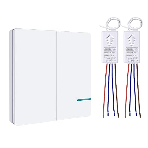 Thinkbee - Kit de interruptor de luces inalámbricas, interruptor de pared de 2 bandas con mini receptor, 1,968.5 ft para exteriores, lámpara de