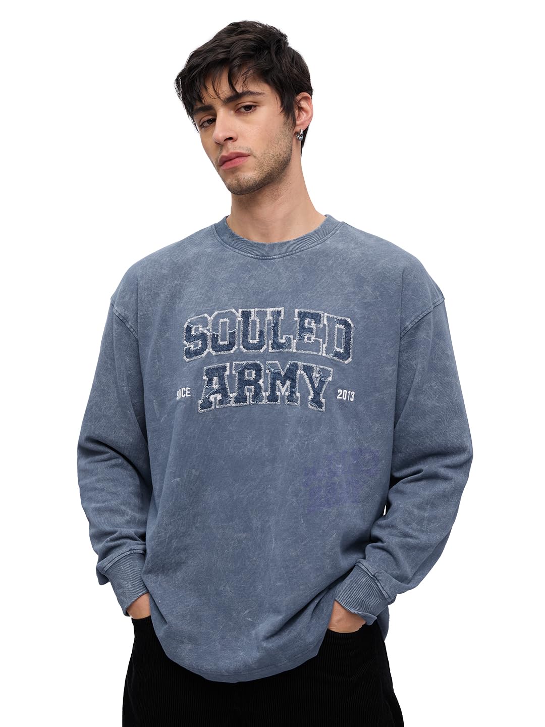 the souled store Souled Army Men and Boys Round Neck Blue Embroidered Cotton Oversized Full Sleeve T-Shirts-picture-39