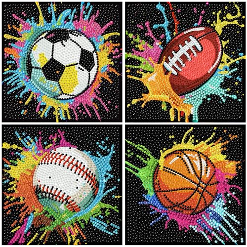 bleihum 4 Pack Diamond Art Painting Kits for Kids Sports Small Diamond Art for Kids Ages 8-12 Cute Football Gem Art Kits for Kid Gift Home Wall Decor 6X6 inch