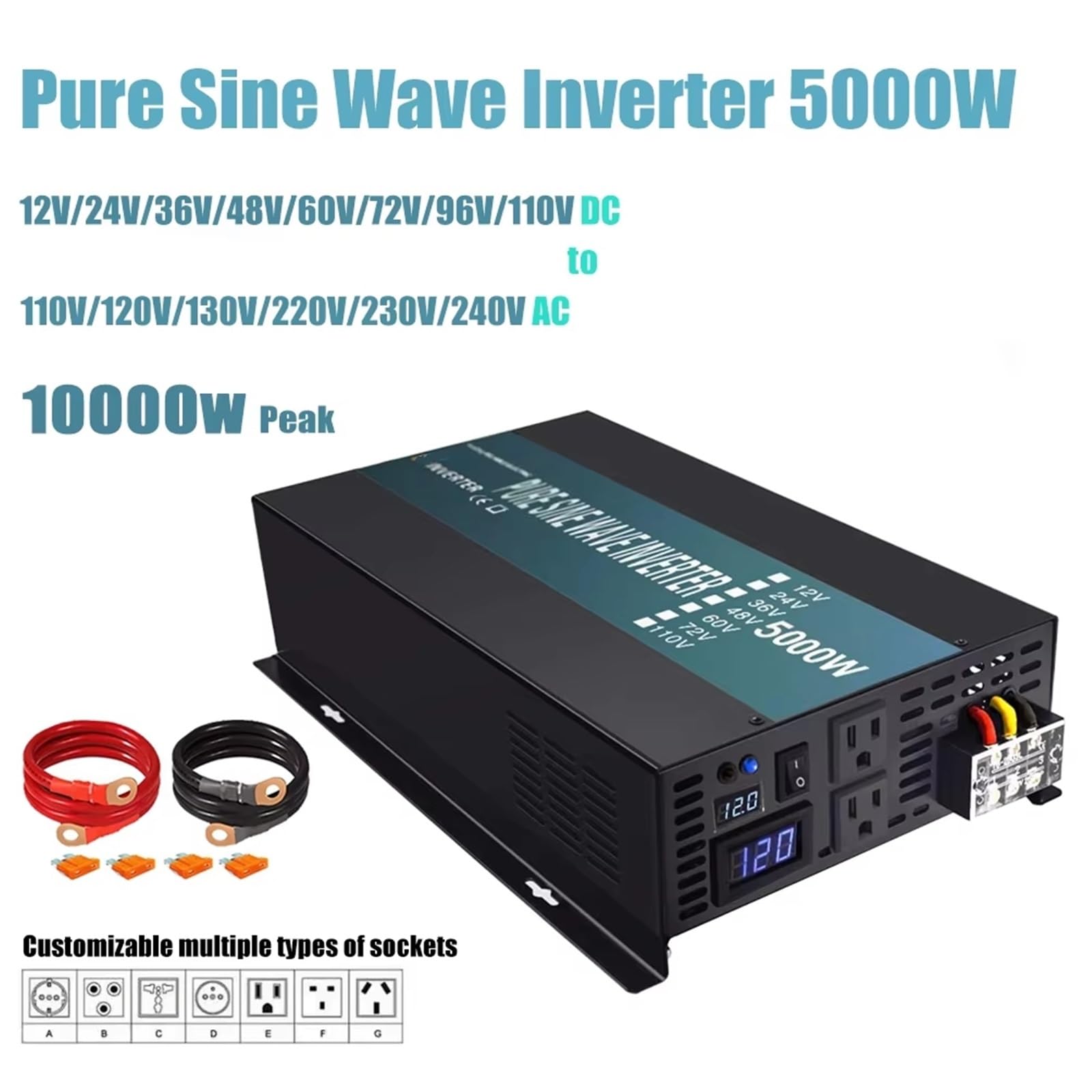 Inversor Inversor Solar Onda Sinusoidal Pura 5000W Potencia Máxima 2500W Convertidor 12V A 220V Banco Energía 24V/48V/110V CC A 100V/120V/230 V/240V CA(110V,110V-120V)
