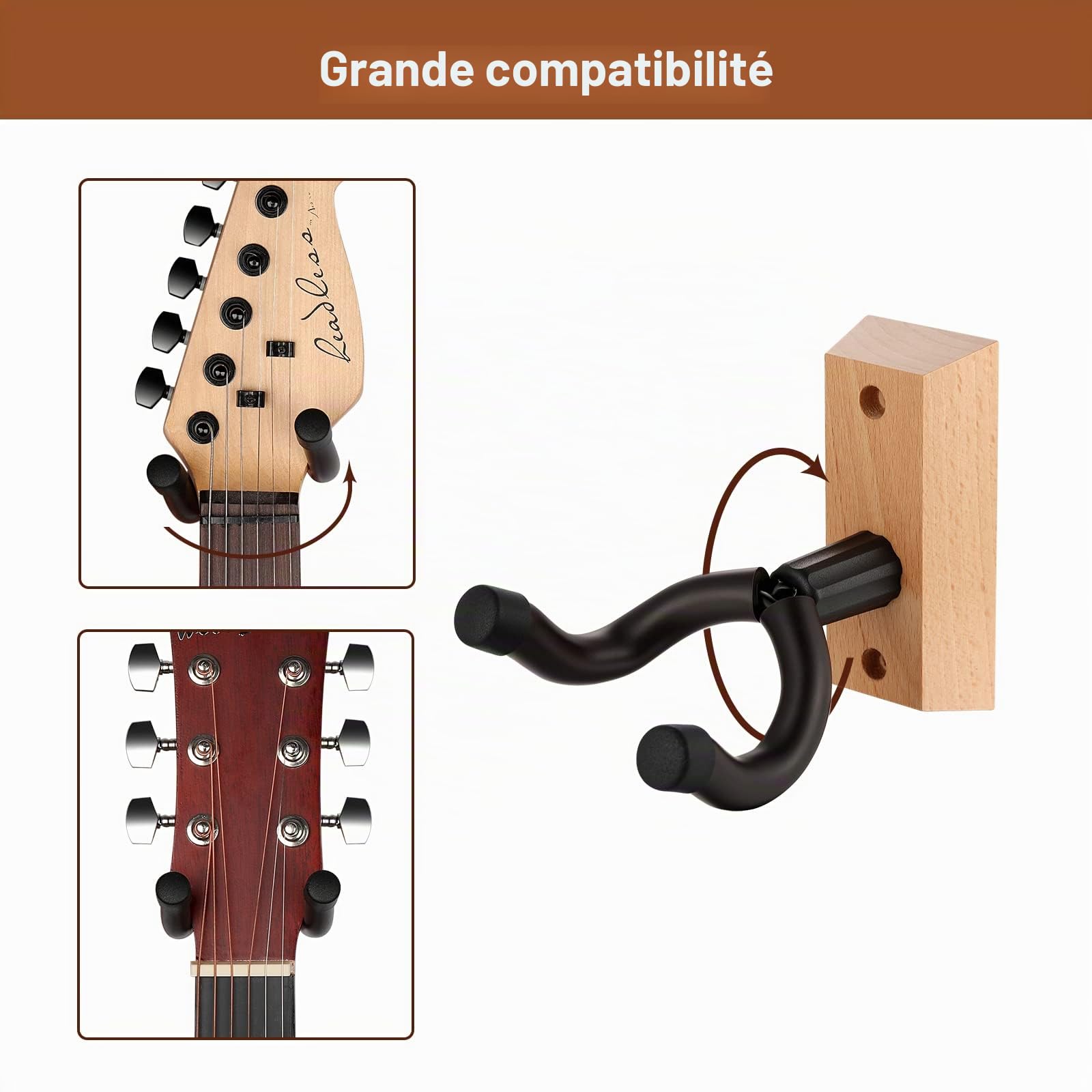 Support Guitare Mural, 3 pièces Classique Porte Guitare pour Basses, Acoustique Guitare, Banjo, Mandoline, Accessoire Guitare Bois Universel Réglable Accroche Guitare pour Bureau Home Studio