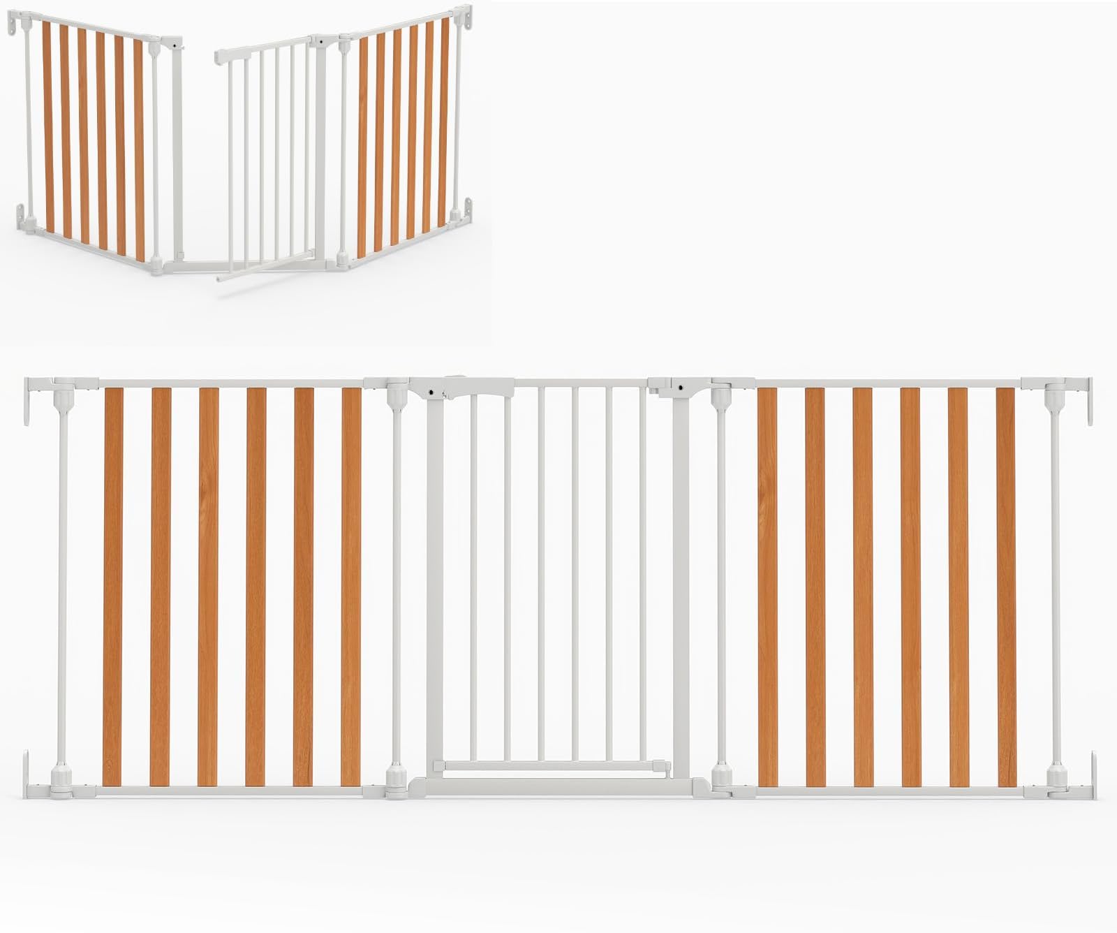 Maxmass 3 Panel Foldable Pet Gate, Pressure Baby Gate with One-hand Opening, 2-Way Door Swing, Freestanding Dog Stair Gates Pet Safety Fence for Doorway Hallway Stairway (White+Natural, 74.5-198cm)