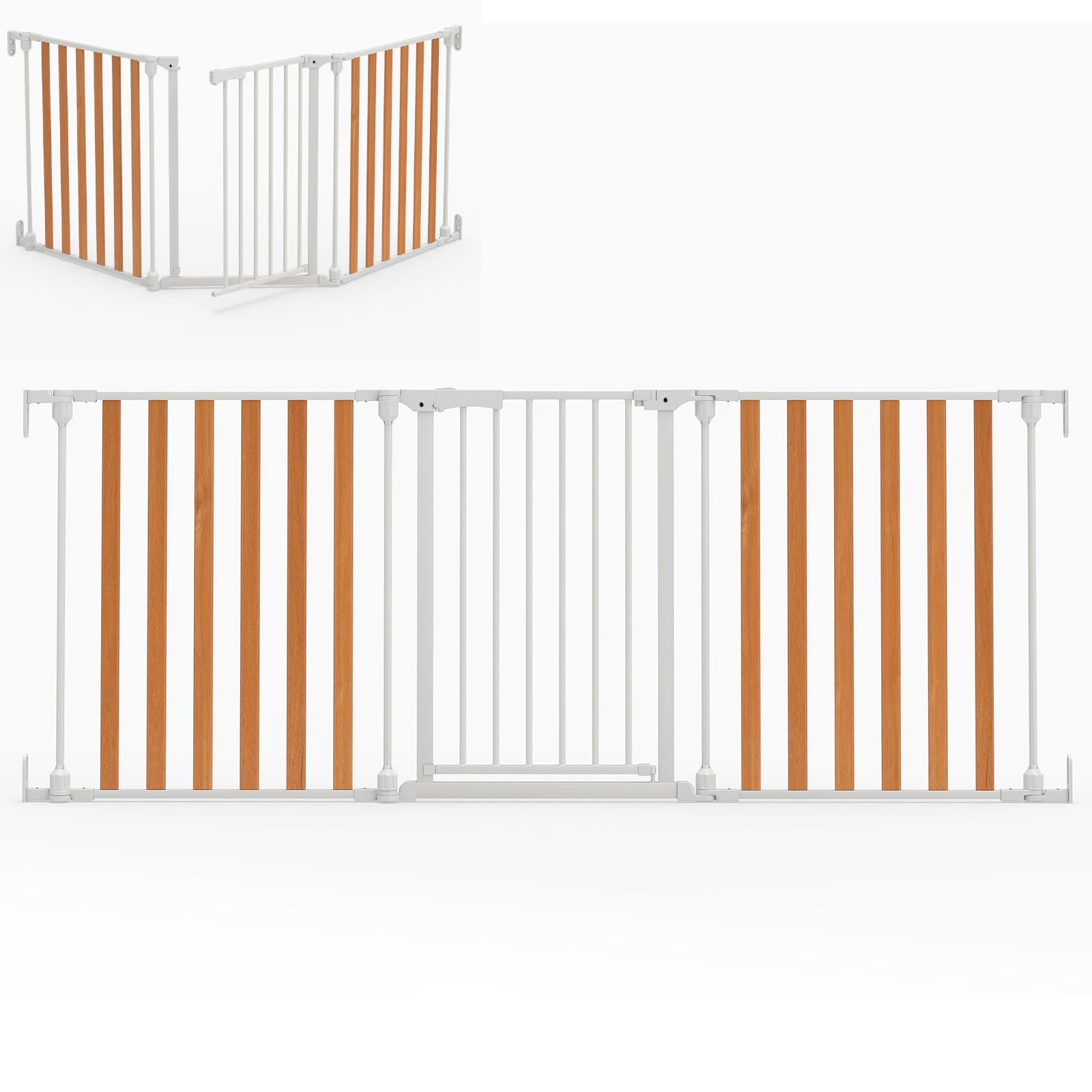 – 3 Panel Foldable Pet Gate, Pressure Baby Gate with One-hand Opening, 2-Way Door Swing, Freestanding Dog Stair Gates Pet Safety Fence for Doorway Hallway Stairway (White+Natural, 74.5-198cm)